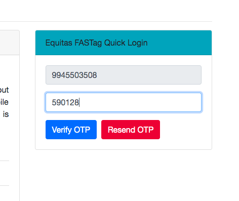 Equitas FASTag Quick Recharge Verify OTP